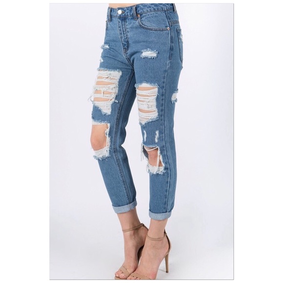 🆕Retro Blue Ripped Straight Leg Boyfriend Jeans - Picture 3 of 4